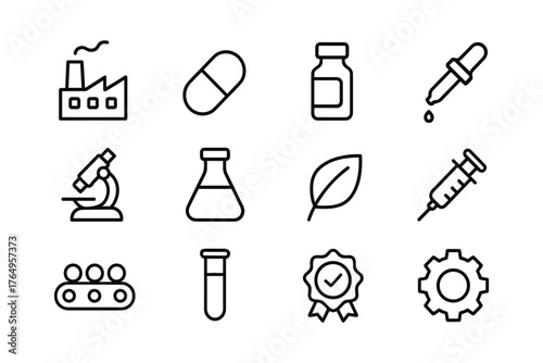 Minimalist linear icons of science, medicine, and industry for modern design projects