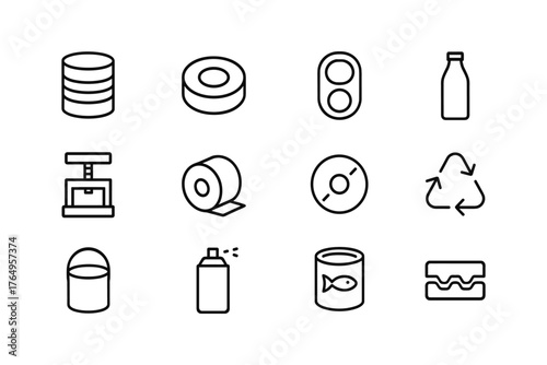 Minimalist icons of common packaging materials in linear style