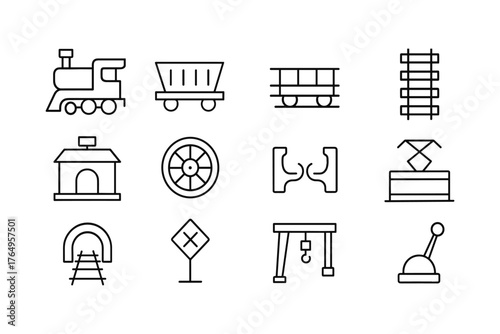 Minimalist linear train icon set featuring railway elements and transportation symbols
