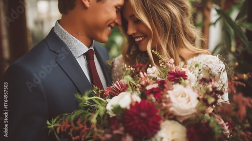 A man and woman holding a bouquet of flowers, sharing a moment of love and happiness at their wedding or celebration.