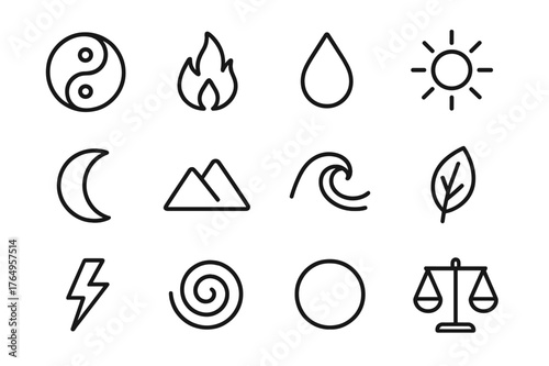 Duality Icon Set. Duality symbols. Line icon set of duality symbols: yin-yang symbol, fire, water, sun, moon, mountain, ocean wave, leaf, lightning bolt,