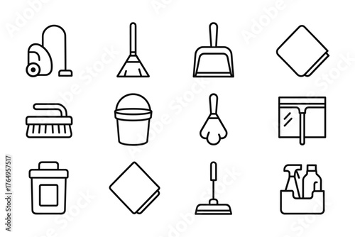 Essential line art icons of cleaning tools for everyday use