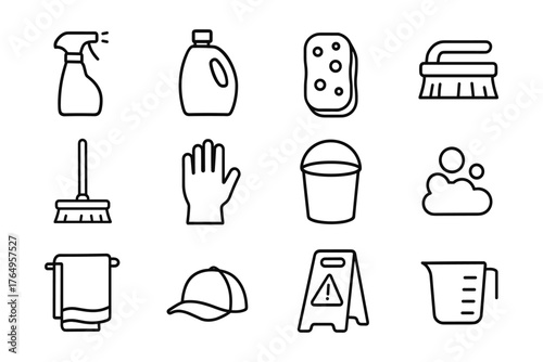 Essential cleaning tools icons: line art set for home and industrial use