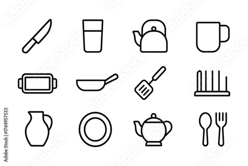 Simple kitchen utensils collection in minimalist linear design