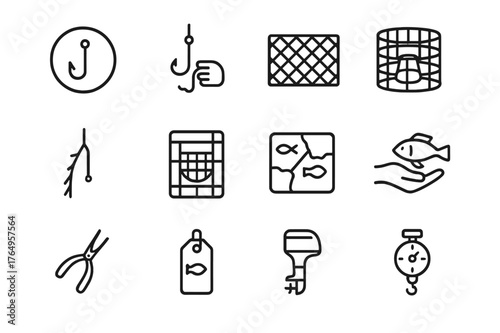 Responsible Fishing Icons. Responsible Fishing. Line icon set of Responsible Fishing: circle hook, handline, selective gillnet, fish trap pot, bird scaring
