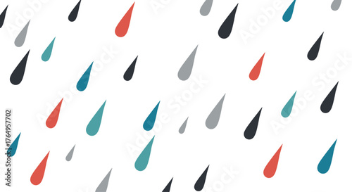 An abstract illustration of colorful raindrops falling on a white background.