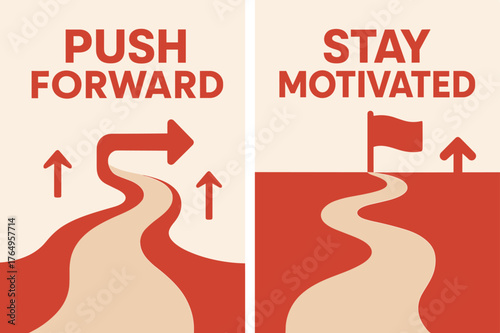 Motivational Banners Design. Push forward. Two vertical A6 banners with safe margins, centered composition, no elements touching edges, flat vector design, red