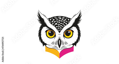 Wise owl wearing a colorful neck accessory.