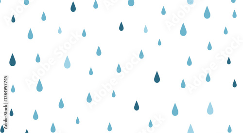 Gentle blue raindrops falling on a white background creating a peaceful atmosphere.