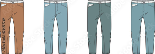 Colorful flat vector illustrations of diverse casual pants and jeans, perfect for fashion design, digital apparel mockups, and clothing catalog presentations