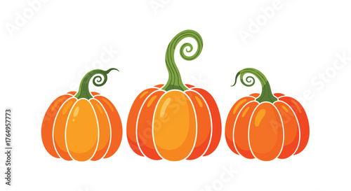 Three ripe orange pumpkins with curly green stems on a white background.