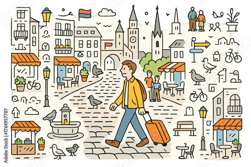 Historic City Stroll. Historic city stroll. Hand-drawn doodle illustration person walking (colored), cobblestone street (colored), historic buildings