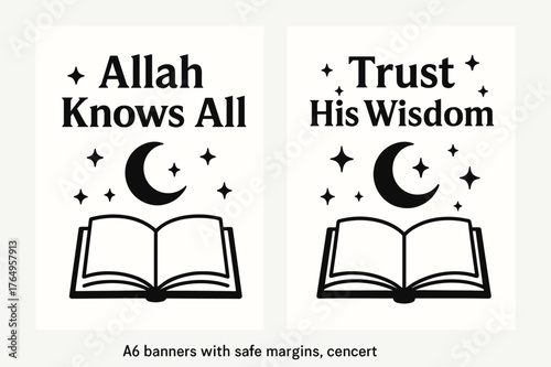 Divine Wisdom Banners. Omniscience. Two vertical A6 banners with safe margins, centered composition, no elements touching edges, flat vector design, black and