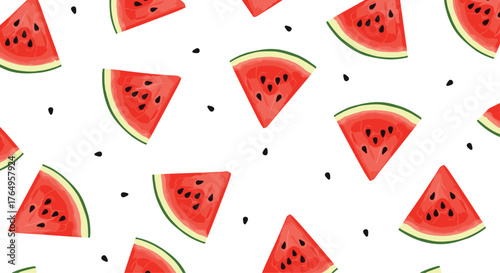 Refreshing summer watermelon slices with black seeds scattered across a white background pattern.