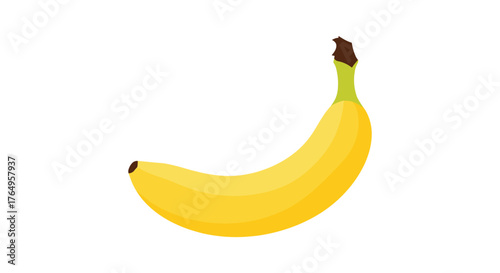 A ripe yellow banana with a brown stem and tip on a white background.