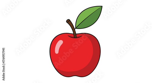 A bright red apple with a single green leaf and a brown stem.