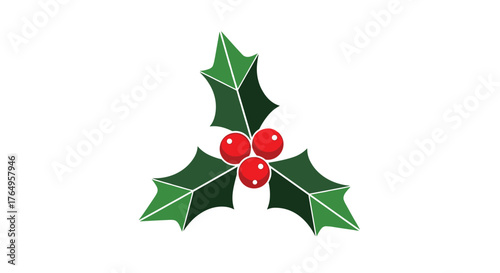 A simple festive illustration of three green holly leaves with red berries for Christmas.