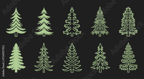 Ten pixel art evergreen trees in a row on a black background.