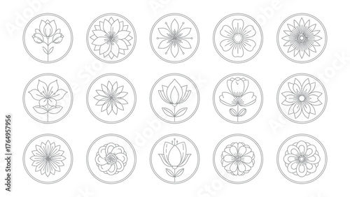 Botanical Emblems: A collection of exquisite floral line drawings, each encased in a circular frame, showcasing the elegance of nature's delicate beauty.