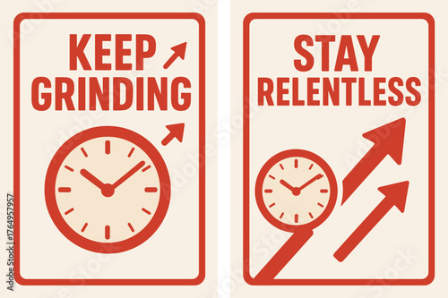 Motivational Banners. Keep grinding. Two vertical A6 banners with safe margins, centered composition, no elements touching edges, flat vector design, red and