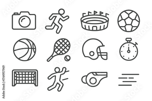 Sports Icon Set. Sports event capture. Line icon set of sports event capture: camera, athlete running, stadium, soccer ball, basketball, tennis racket,