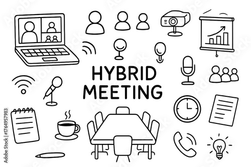 Hybrid Meeting Doodle. Hybrid meeting. Hand-drawn doodle illustration hybrid meeting laptop, conference table, projector, webcam, microphone, chart, group