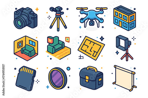 Photography Icon Set. Professional photography. Colorful isometric vector icons set of professional photography: DSLR camera, tripod, drone, building exterior,