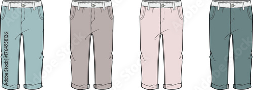 Vector illustration of various casual women's capri pants in soft blue, beige, pink, and green colors. These cropped trousers are apparel design templates for fashion concepts