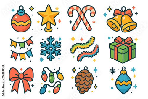 Isometric Christmas Icons. Christmas celebration. Colorful isometric vector icons set of Christmas celebration: baubles, star topper, candy canes, bells,