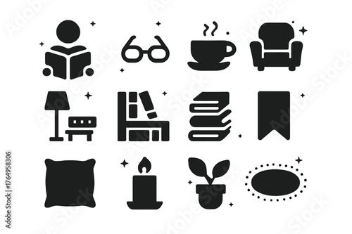 Reading Icons Collection. Person Reading. Solid icons set of Person Reading: open book, reading glasses, cup of tea, cozy armchair, floor lamp, bookshelf,