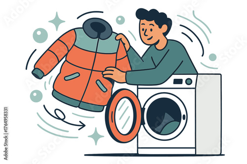 Washing Winter Coats. Washing winter coats. Person loading thick winter coat into washing machine; abstract floating bubbles and soft motion lines indicate