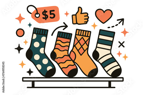 Stylish Sock Display. Socks. Display of patterned socks on store shelf with abstract floating price tags, icons, and sparkles; conveys shopping, fashion, and