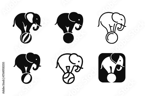 Elephant Logo Variations. Elephant Performance. Set Logo of Elephant Performance: elephant balancing on ball. harmonious logo variations of the same emblematic