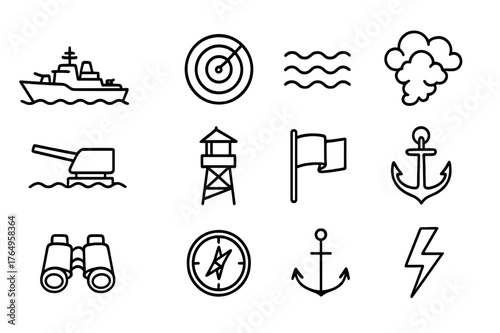 Tense Naval Icons. Tense naval scene. Line icon set of tense naval scene: warship, radar, ocean waves, smoke, storm clouds, cannon, lookout tower, flag,