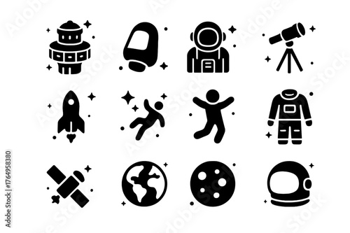 Luxury Space Icons. Luxury Space Travel. Solid icons set of Luxury Space Travel: space hotel, capsule, astronaut, telescope, rocket, stars, zero gravity, space