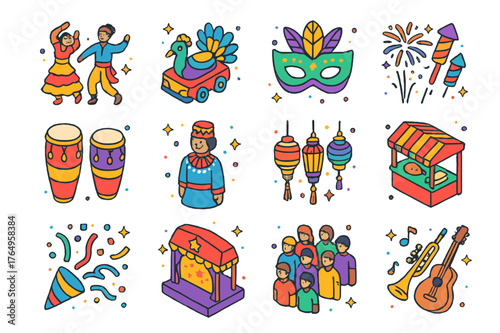 Colorful Festival Icons. Festival activities. Colorful isometric vector icons set of festival activities: traditional dance, parade float, festival mask,