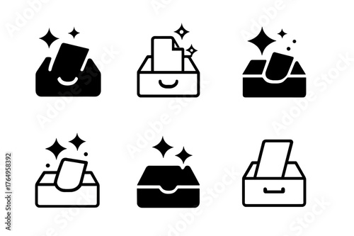 Stylized Drawer Logos. Cleaning Out a Drawer. Set Logo of Clean Desk Drawer: Filled silhouette, Minimal outline, Abstract geometric, Negative space, Stylized