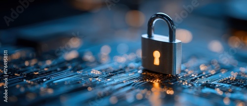 Close-up of a padlock symbol on a cybersecurity digital circuit board representing online security and data protection