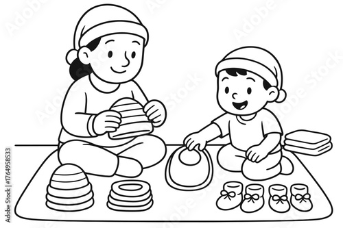 Sorting Baby Outfits. Sorting baby outfits children?s coloring book illustration, outlined drawing, a parent and child matching baby hats, bibs, and booties