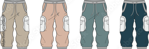 Set of four different colored jogger pants with pockets and drawstrings, showcasing a stylish casual wear collection