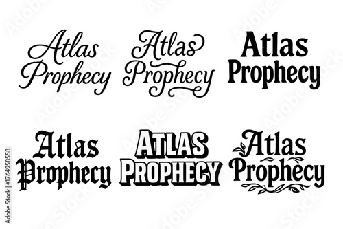 Harmonious Lettering Variations. Atlas Prophecy. Set lettering. harmonious lettering variations of the same emblematic concept, each with different artistic