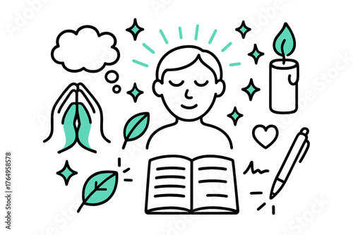 Reflective Doodle Symbols. // Inner reflection. Hand-drawn doodle illustration Inner reflection [hands clasped (accented), closed eyes (accented), candle flame