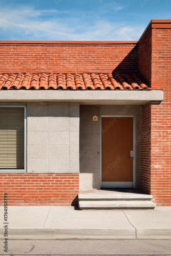 Naklejka premium Modern architectural design of a brick building with a tiled roof and a simple entrance, showcasing clean lines and a minimalistic approach to urban living