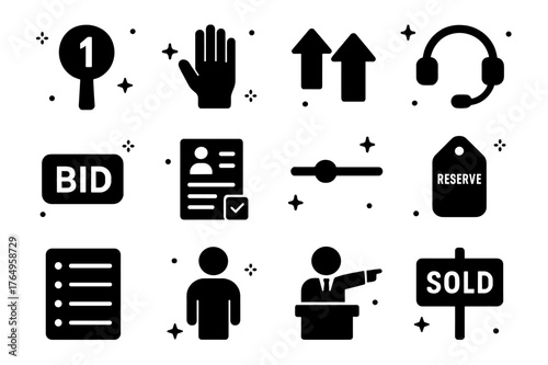Auction Icons Collection. Bidding and paddles. Solid icons set of Bidding and paddles: numbered paddle, raised hand, bidding arrows up, phone headset, online