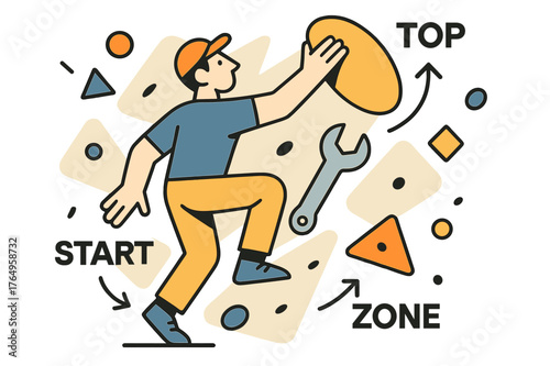 Route Setter's Craft. Route Setter at Work. A wrench spins as a setter places a bright sloper; arrows label ?Start / Zone / Top.? Holds float in a playful