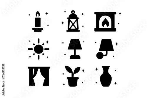 Lighting Design Icons. Lighting Design. Solid icons set of Lighting Design: lamp, candle, candle holder, lantern, fireplace, sunlight, hanging light, table