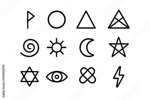 Mystical Symbol Icons. Magical symbols. Line icon set of magical symbols: rune, circle symbol, triangle symbol, pentagram, spiral, sun symbol, moon symbol,