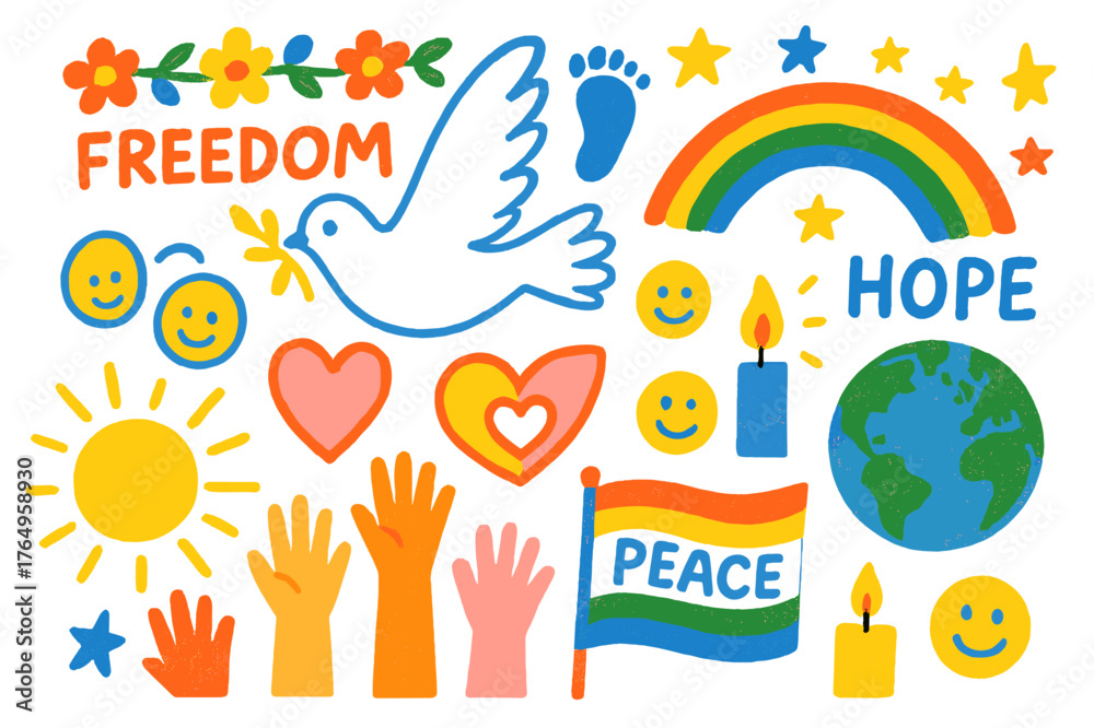 Naklejka premium Symbols of Hope. Freedom and hope. Colorful Hand-drawn doodle Children illustration Freedom and hope flying dove, sunrise, raised hands, rainbow, open heart,