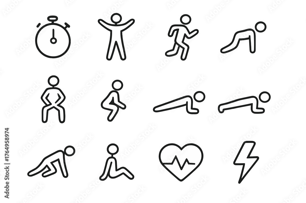 Fototapeta premium HIIT Icon Set. HIIT. Line icon set of HIIT: stopwatch, jumping jack, high knees, sprint, squat jump, burpee, plank, push-up, mountain climber, rest icon, heart
