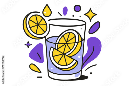 Geometric Lemon Water. Sliced Lemon. Lemon slices in a glass of water with floating abstract geometric juice droplets and soft glowing accents, refreshing and